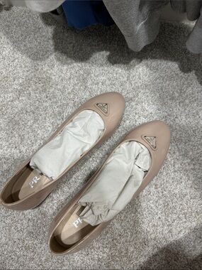 Prada Nude Patent Leather Ballet Flats with Logo Plaque